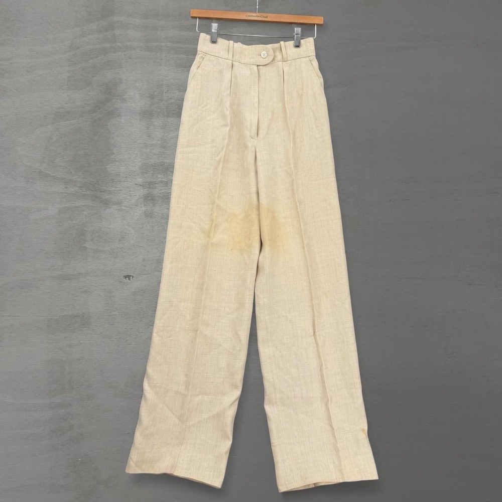 Vintage 70s Valentino Boutique Trousers Beige Linen Blend High Waist Flared 8